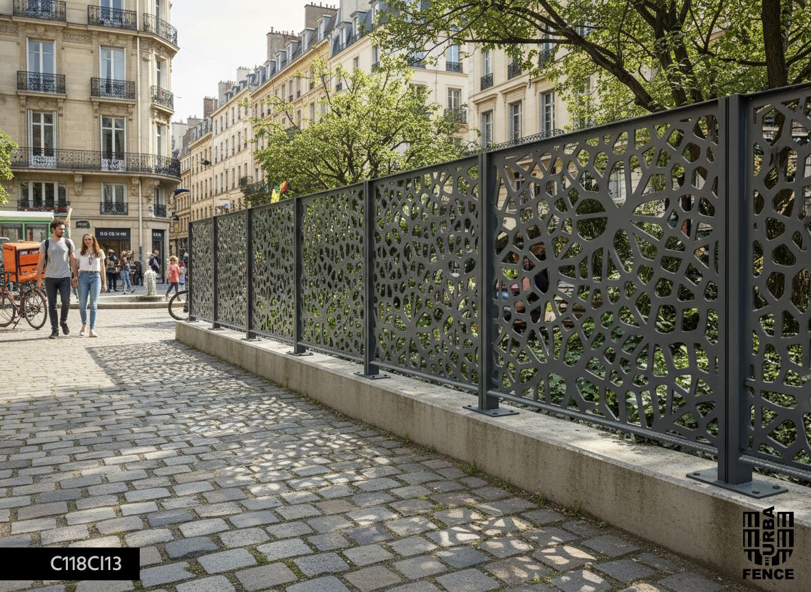 Clôture décorative contemporaine en acier découpé laser avec motif organique Bamtursan intégré dans un environnement de patrimoine historique urbain.