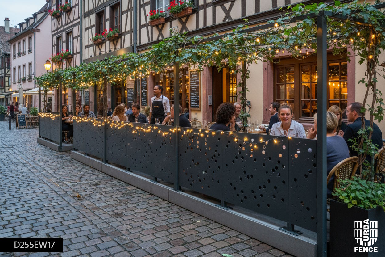 Clôture décorative de terrasse en métal perforé avec motif Opale Grio, effet de constellation lumineuse dans un centre historique animé.
