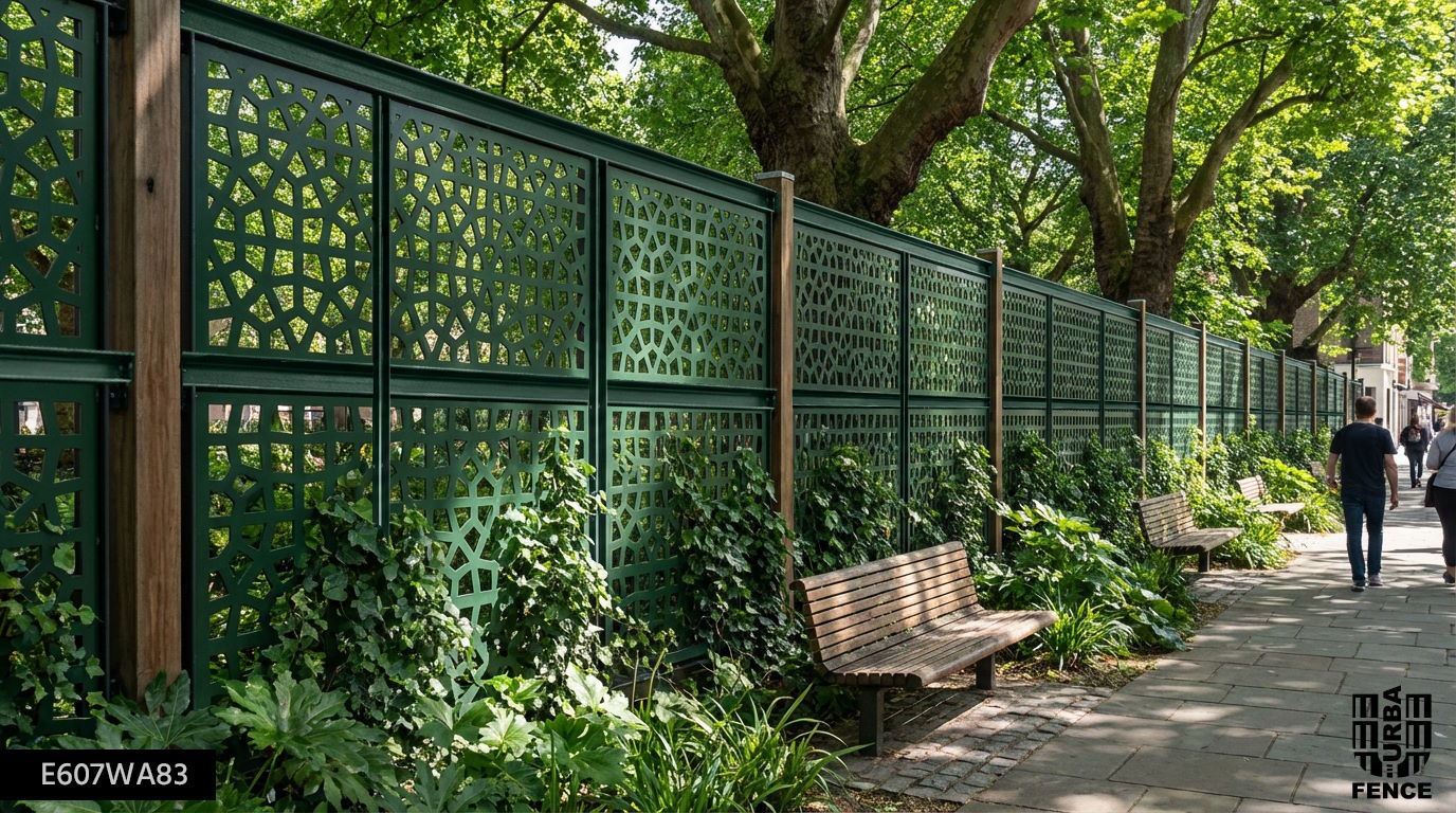 Clôture métallique à motif géométrique ajouré pour parc urbain en moucharabieh extérieur Lanixit pour intégration paysagère contemporaine.
