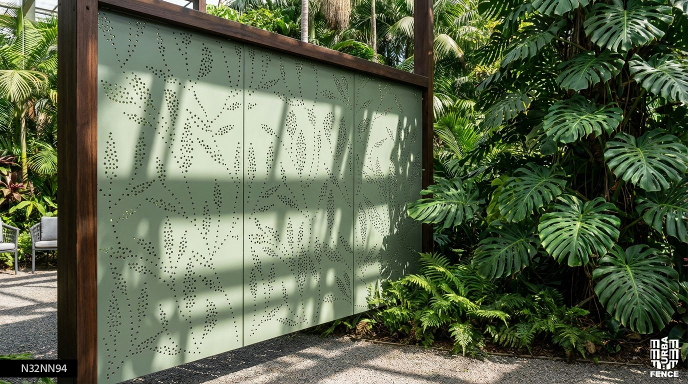 Paravent métallique occultant à motif Voltige, séparatif végétal perforé intégré dans un jardin tropical avec filtre paysager et intimité naturelle.