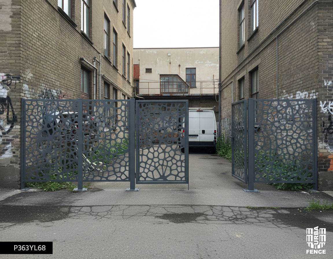 Portail double vantaux en métal découpé laser avec résille métallique contemporaine pour site industriel réhabilité permettant contrôle d’accès et visuel.